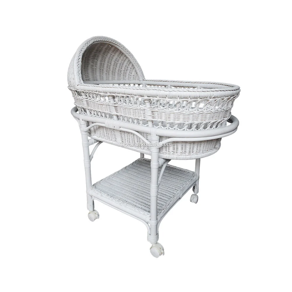 Handmade Rattan Multifunctional Baby Bassinet White Sustainable Wicker Cradle Wheels Shelf Modern Boho Nursery Hotel Babies Kids